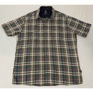 Kuhl Button Down Gray Blue Plaid Short Sleeve Large Shirt‎ Linen Blend